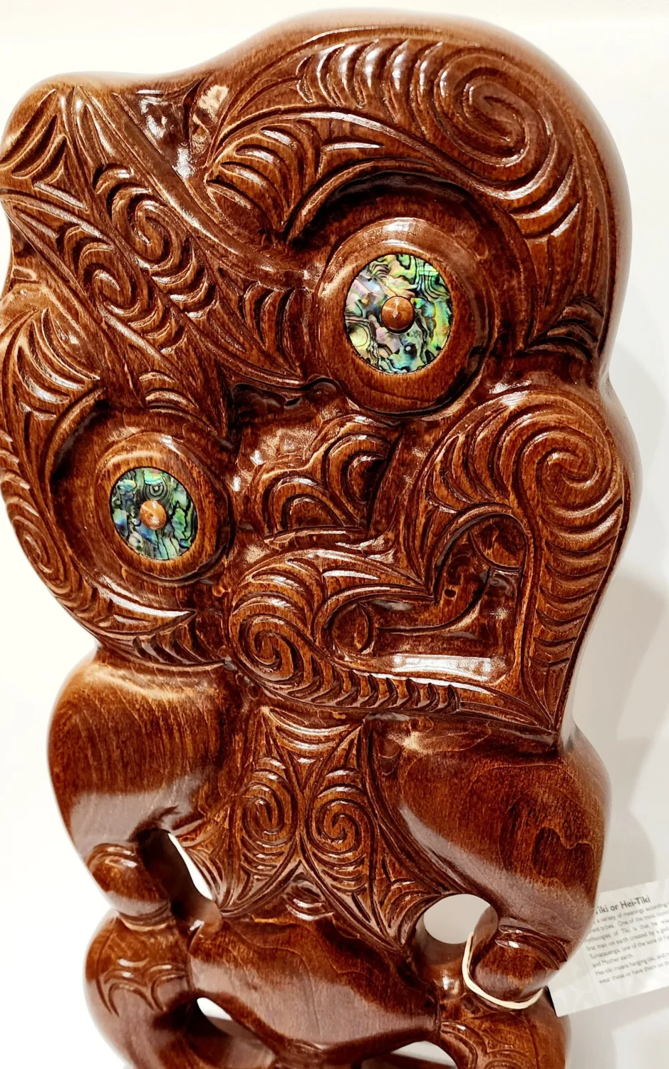 Large Carved Tiki or Hei-Tiki on Base with Paua Shell Eyes Inlay