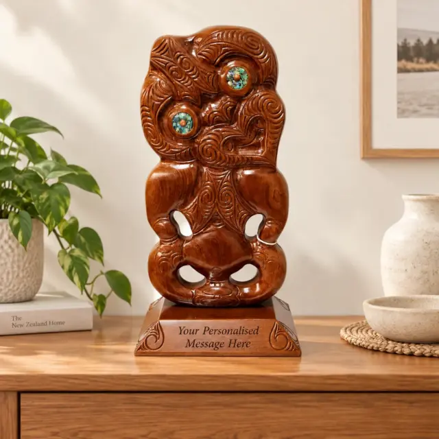 Large Carved Tiki or Hei-Tiki on Base with Paua Shell Eyes Inlay
