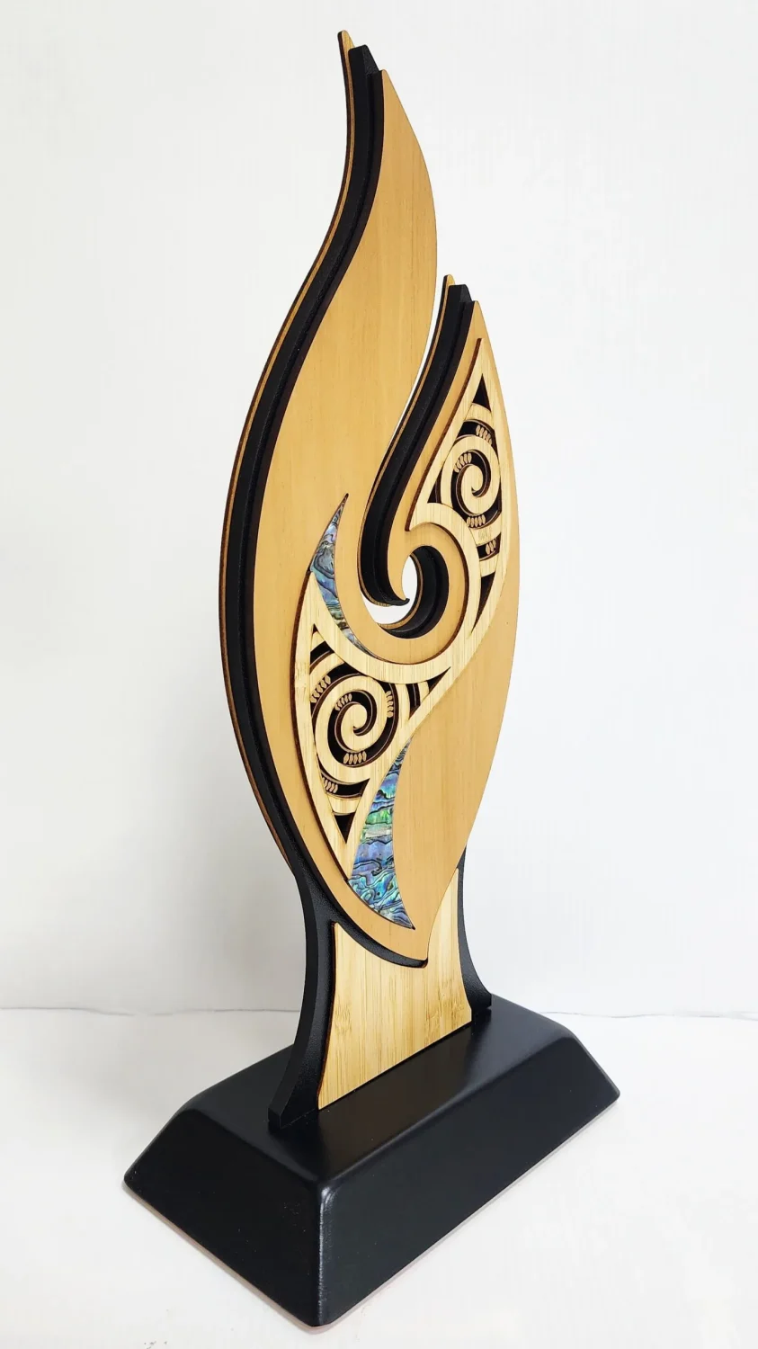 Large Flame Award – NZ Rimu & Paua Inlay Contemporary Artwork (370mm) - ALFL