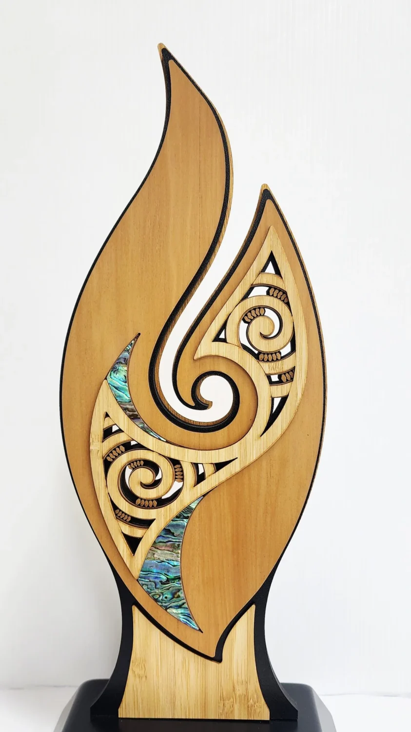 Large Flame Award – NZ Rimu & Paua Inlay Contemporary Artwork (370mm) - ALFL