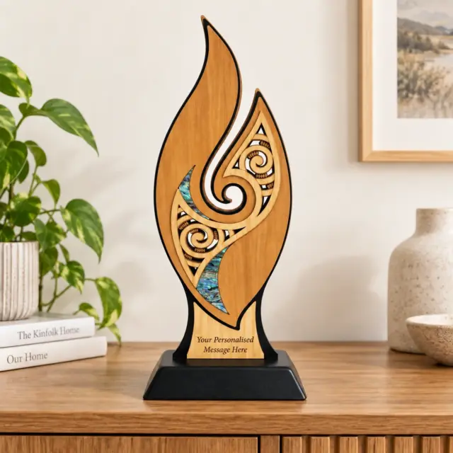 Large Flame Award – NZ Rimu & Paua Inlay Contemporary Artwork (370mm) - ALFL