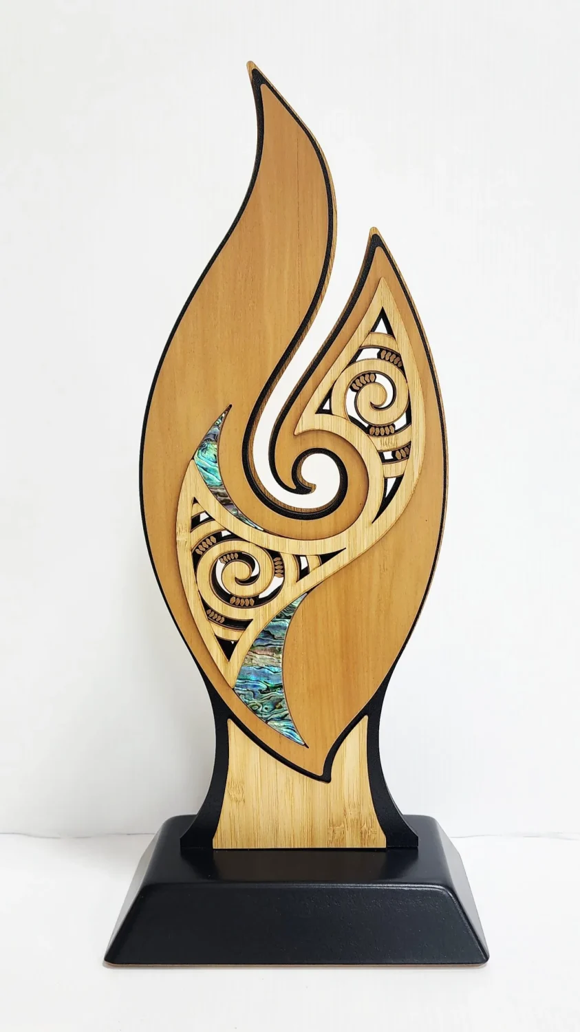 Large Flame Award – NZ Rimu & Paua Inlay Contemporary Artwork (370mm) - ALFL