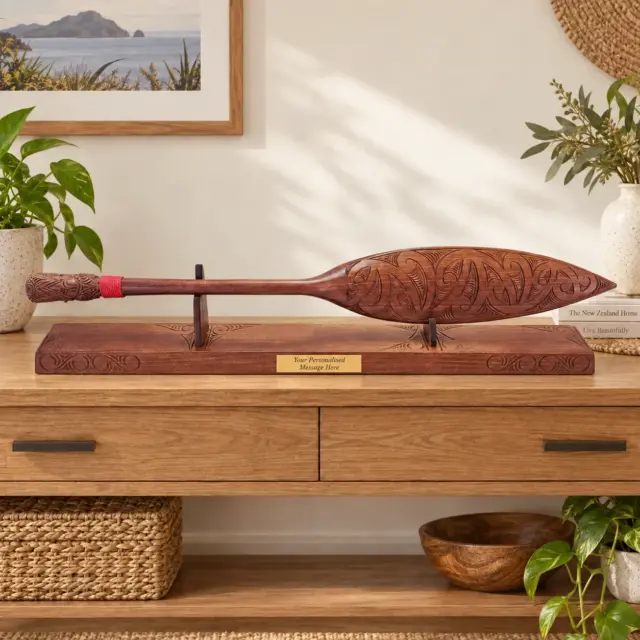 Large Hand Carved Māori Hoe Waka Paddle on Display Base – Wooden Carving Made in New Zealand - WM541