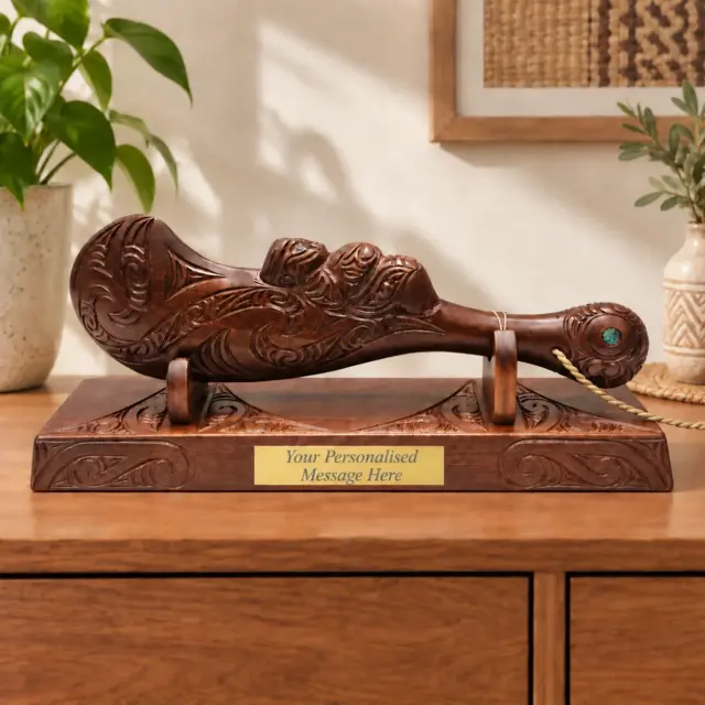 Large Hand-Carved Māori Wahaika Club on Display Stand – Made in New Zealand
