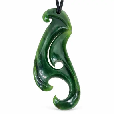 Large New Zealand Hei Matatu Fish Hook with Koru Greenstone Necklace