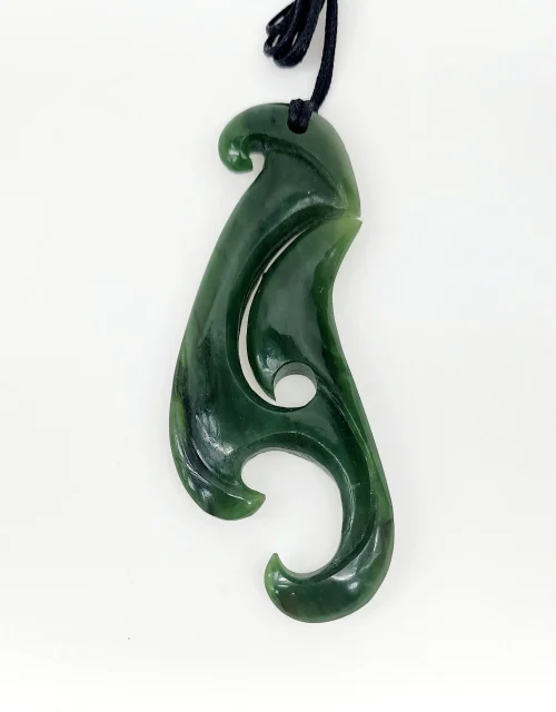 Large New Zealand Hei Matatu Fish Hook with Koru Greenstone Necklace