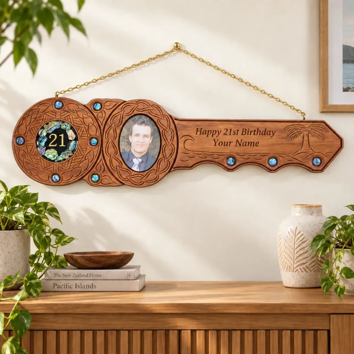 Large Pacific Design 21st Birthday Key Hand Carved NZ Tulip Wood with Paua Shell & Photo Frame - WM438