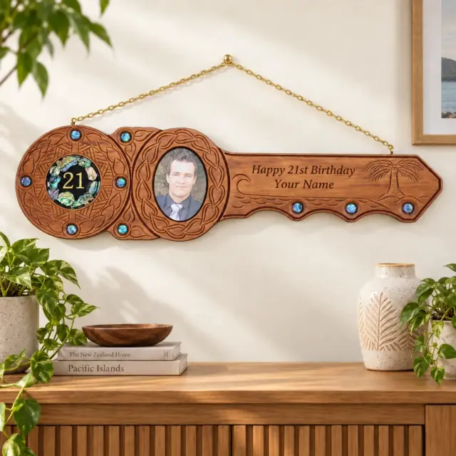 Large Pacific Design 21st Birthday Key Hand Carved NZ Tulip Wood with Paua Shell & Photo Frame - WM438