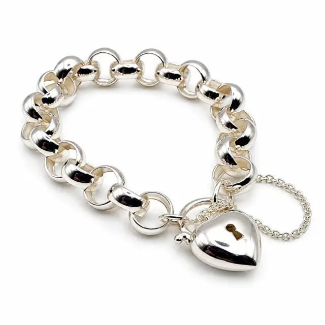 Large Sterling Silver 19cm Round Belcher Bracelet With Puff Heart Padlock