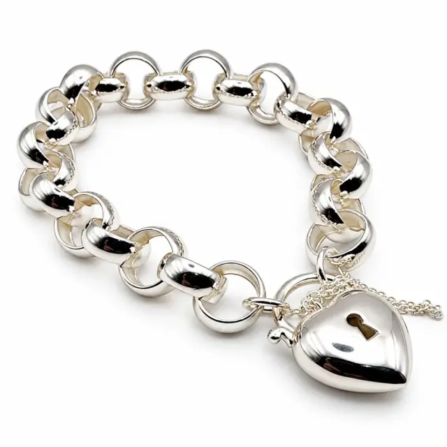 Large Sterling Silver 21cm Round Belcher Bracelet With Puff Heart Padlock
