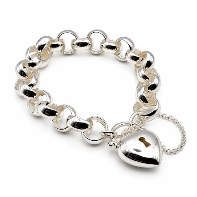 Large Sterling Silver 23cm Round Belcher Bracelet With Puff Heart Padlock