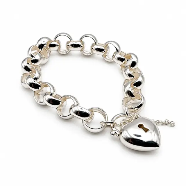 Large Sterling Silver 25cm Round Belcher Bracelet With Puff Heart Padlock