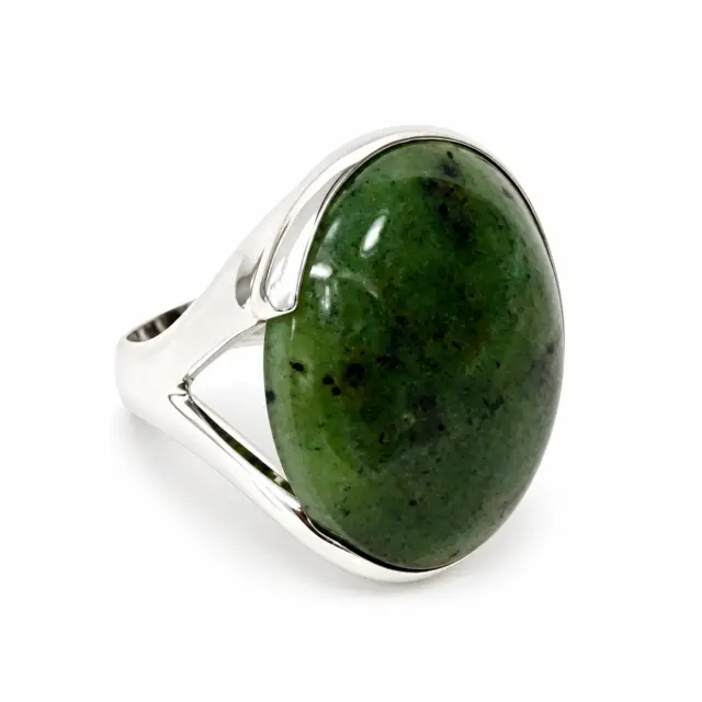 Large Sterling Silver NZ Greenstone Round Dome Ring - SSGSTRV