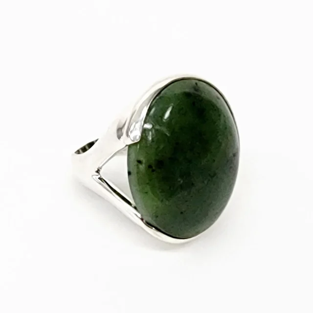 Large Sterling Silver NZ Greenstone Round Dome Ring - SSGSTRV