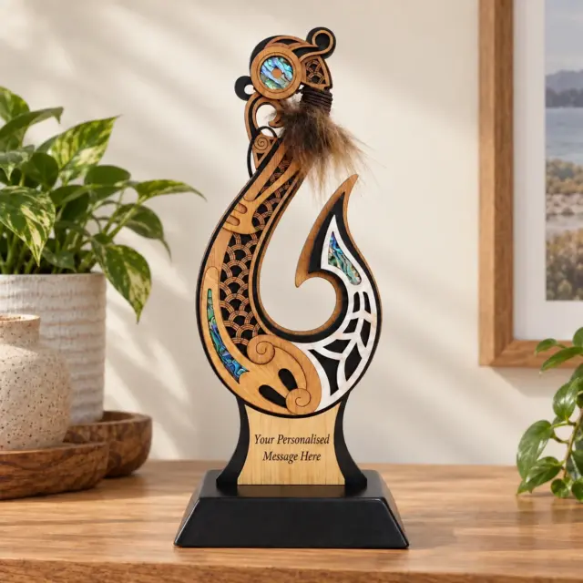 Large Te Matau a Māui Hook Award – NZ Paua Inlay Cultural Artwork (370mm) - ALHK