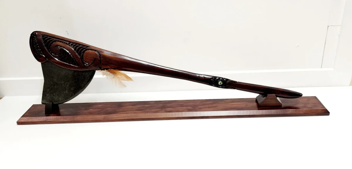 Large Wooden Carved Maori Axe - Tewha Tewha with New Zealand Greenstone Blade