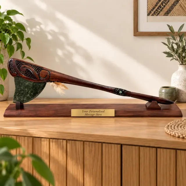 Large Wooden Carved Maori Axe - Tewha Tewha with New Zealand Greenstone Blade