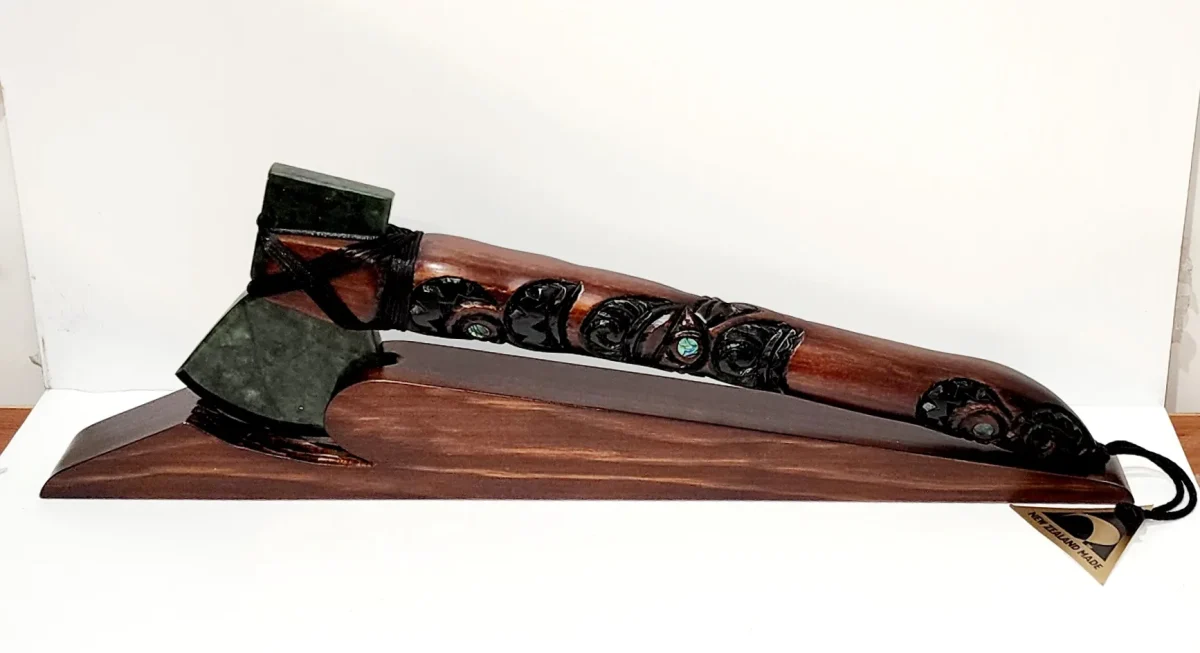 Large Wooden Carved Maori Axe - Toki Kaka Poto with New Zealand Greenstone on Stand