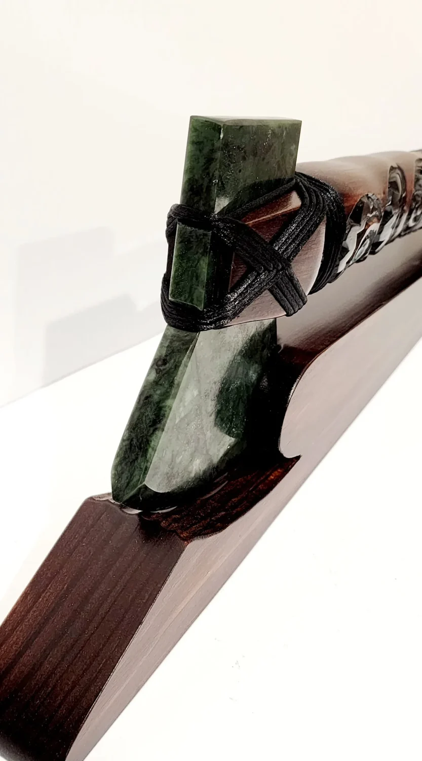 Large Wooden Carved Maori Axe - Toki Kaka Poto with New Zealand Greenstone on Stand