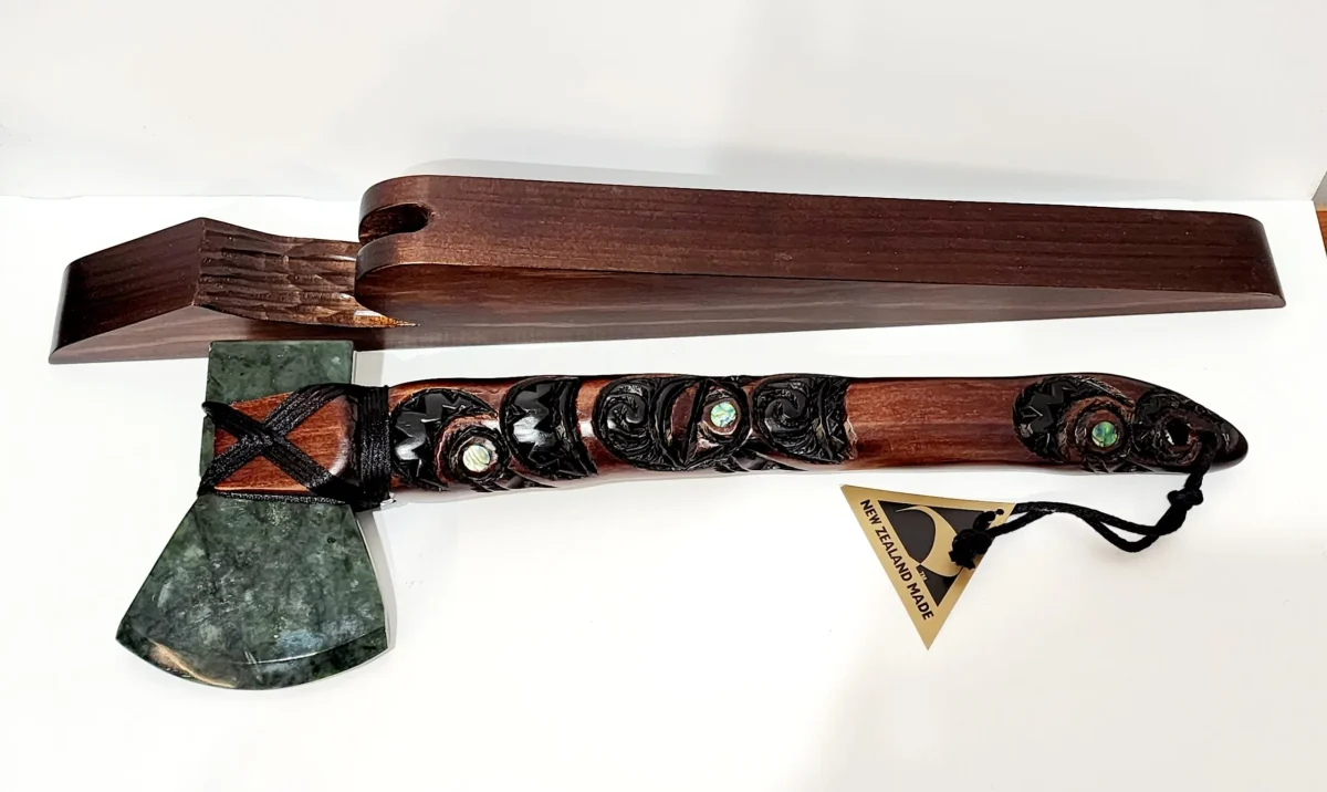 Large Wooden Carved Maori Axe - Toki Kaka Poto with New Zealand Greenstone on Stand