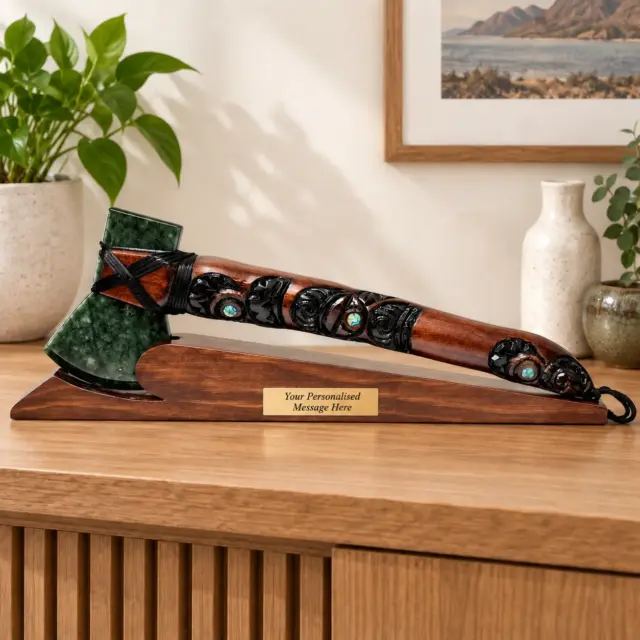 Large Wooden Carved Maori Axe - Toki Kaka Poto with New Zealand Greenstone on Stand