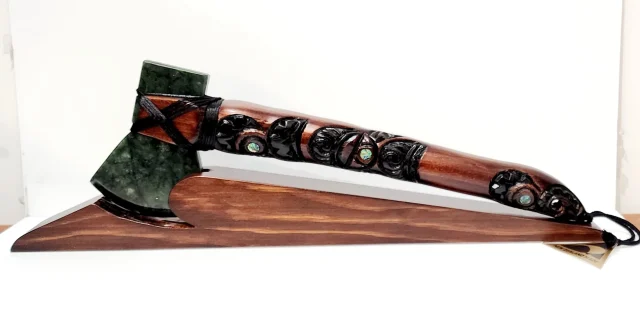 Large Wooden Carved Maori Axe - Toki Kaka Poto with New Zealand Greenstone on Stand