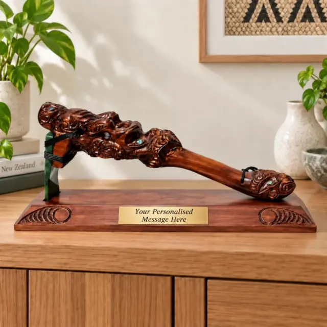 Large Wooden Carved Toki Poutangata, or Adz with New Greernstone Blade on stand - WSU21T