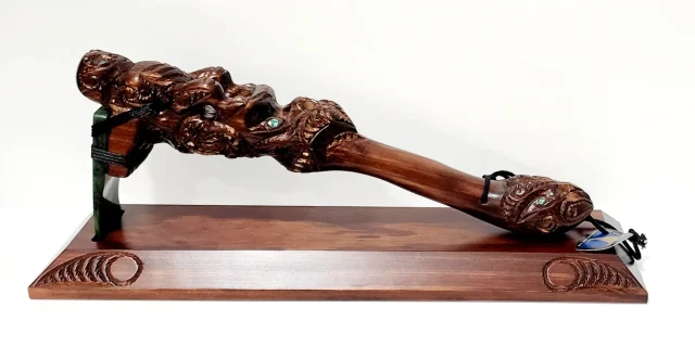 Large Wooden Carved Toki Poutangata, or Adz with New Greernstone Blade on stand - WSU21T