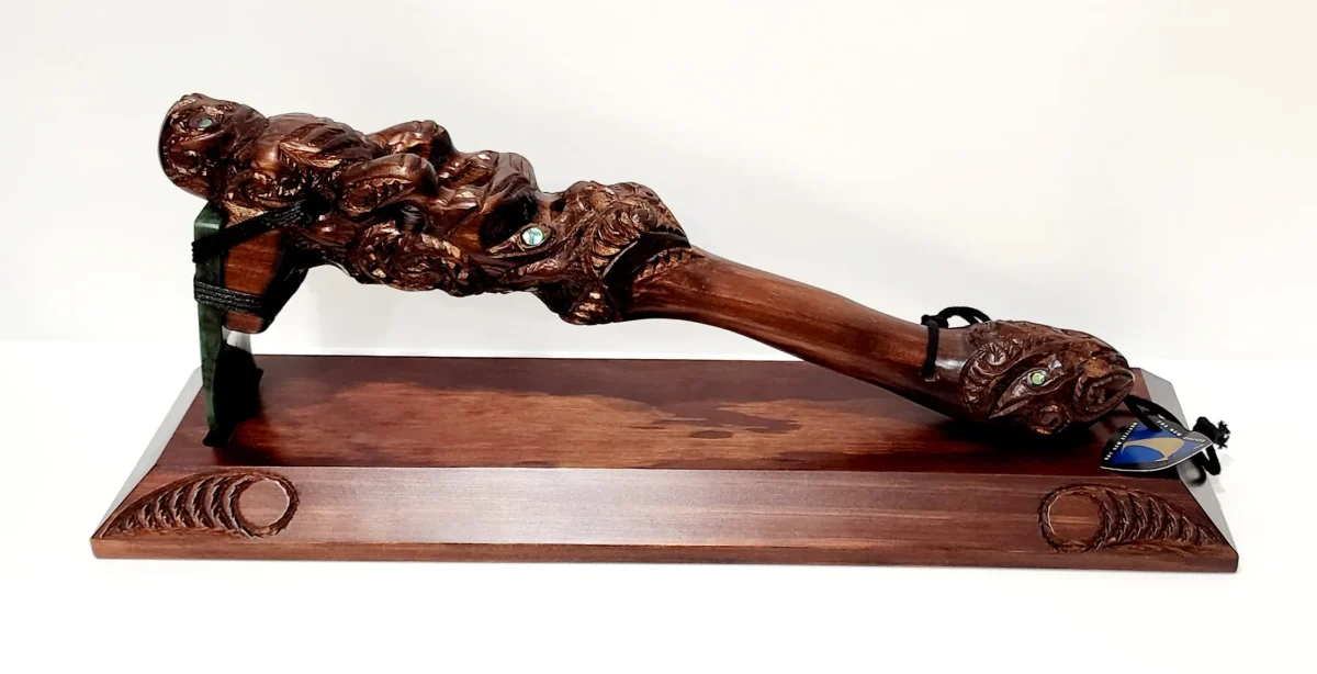 Large Wooden Carved Toki Poutangata, or Adz with New Greernstone Blade on stand - WSU21T