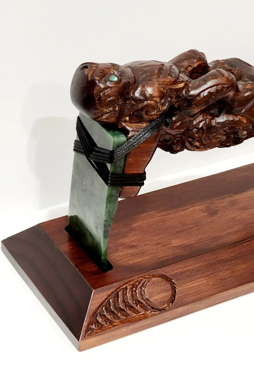 Large Wooden Carved Toki Poutangata, or Adz with New Greernstone Blade on stand - WSU21T