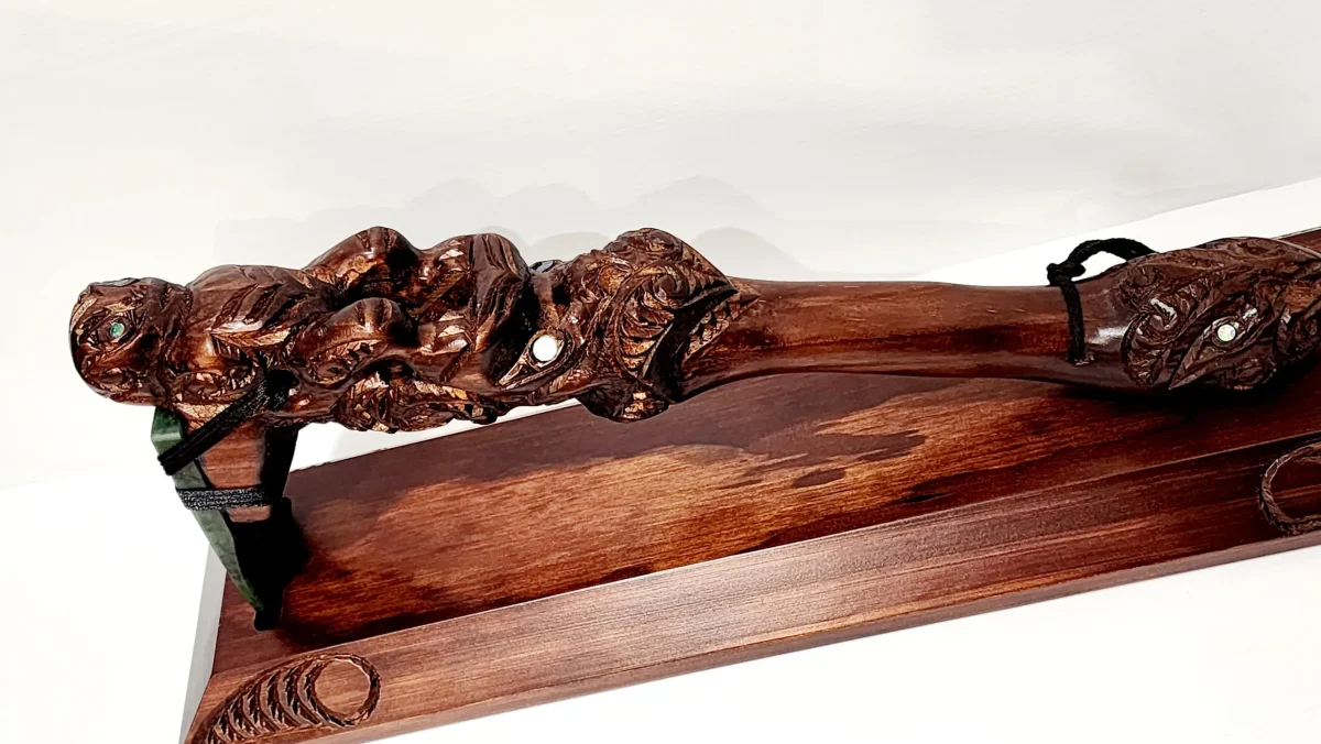 Large Wooden Carved Toki Poutangata, or Adz with New Greernstone Blade on stand - WSU21T