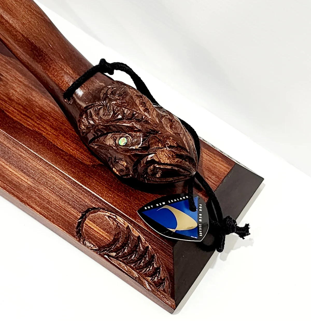 Large Wooden Carved Toki Poutangata, or Adz with New Greernstone Blade on stand - WSU21T