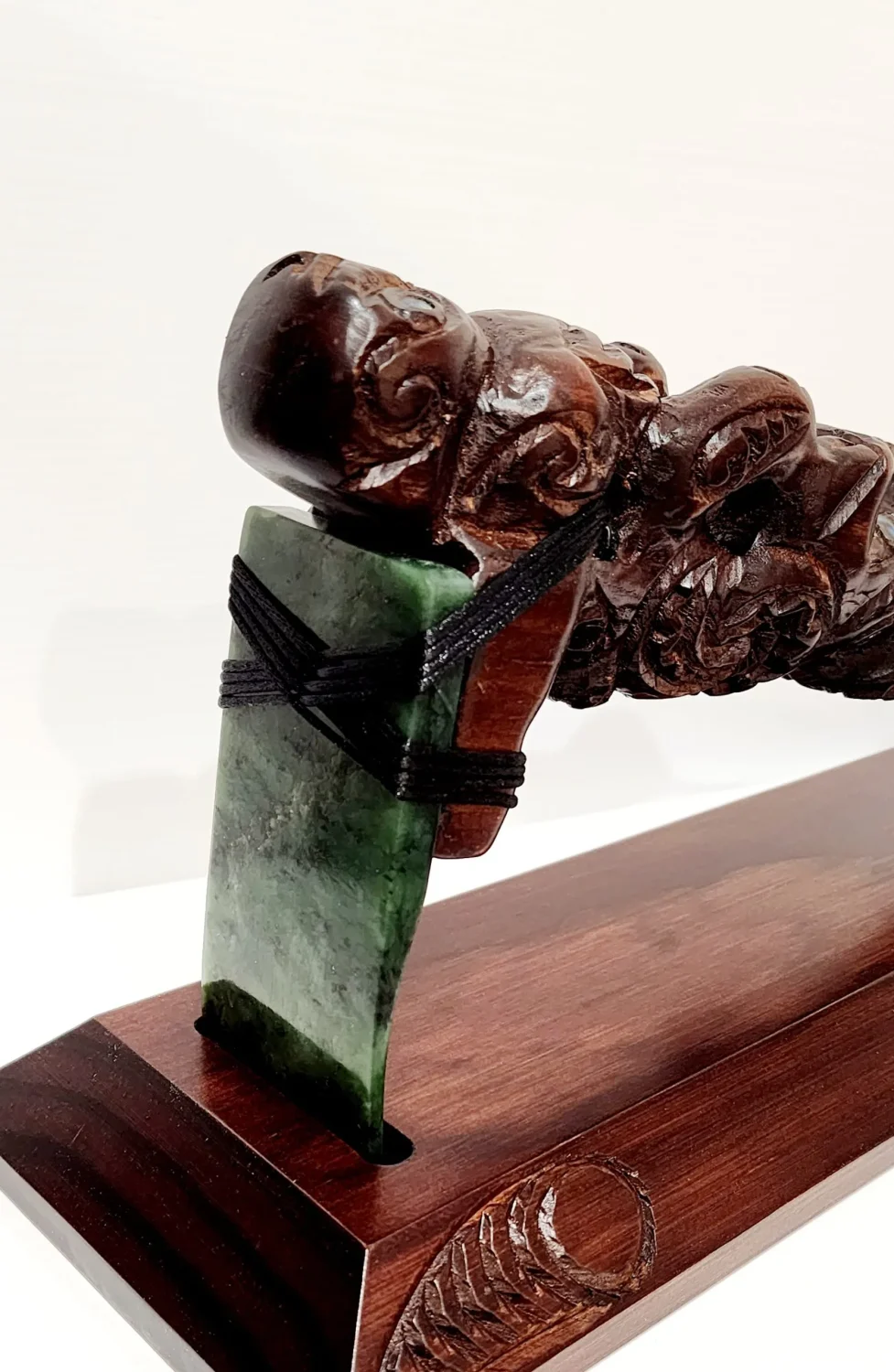 Large Wooden Carved Toki Poutangata, or Adz with New Greernstone Blade on stand - WSU21T
