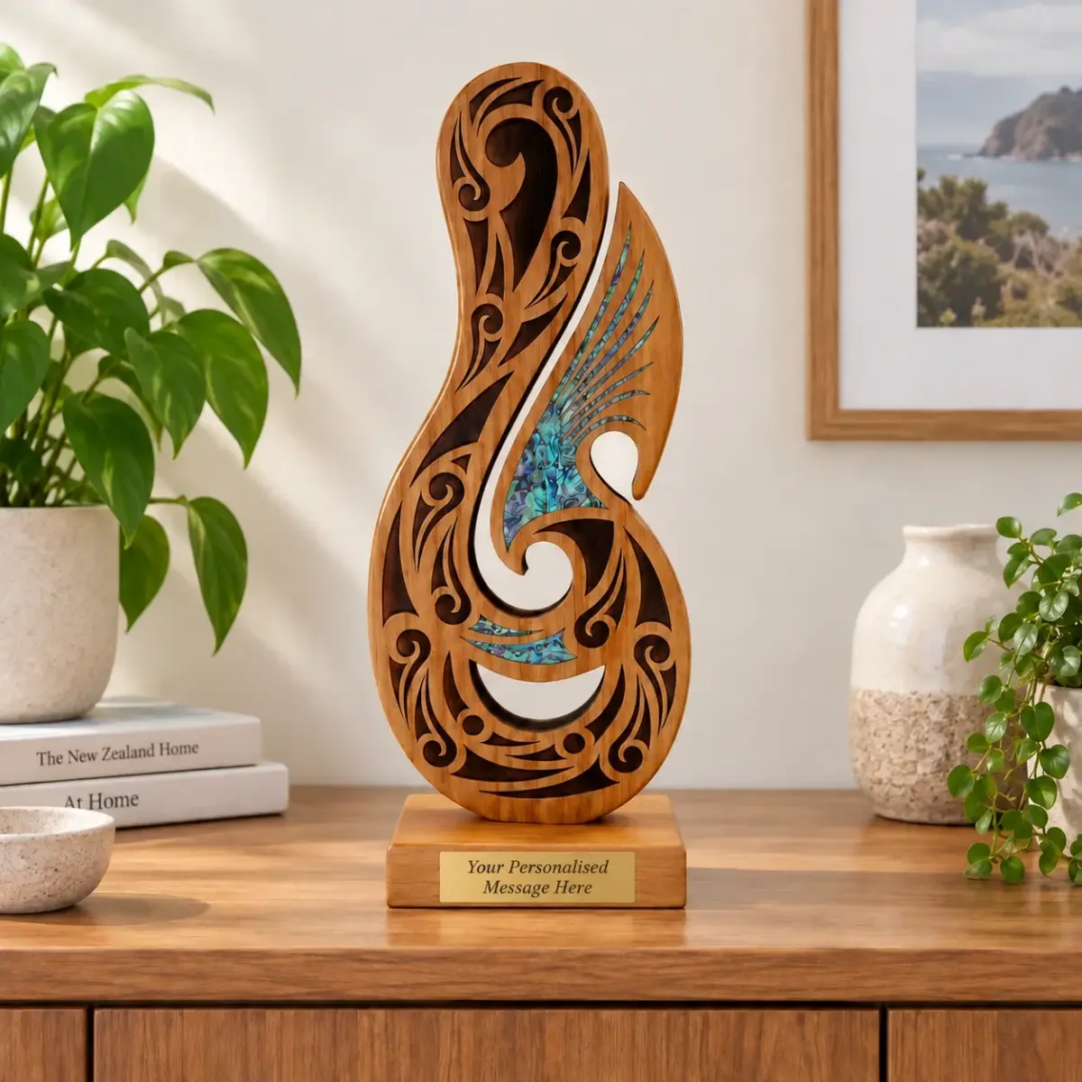 Large Wooden Laser Engraved Maori Fish Hook Trophy/Award on stand