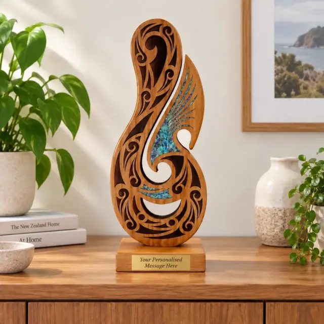 Large Wooden Laser Engraved Maori Fish Hook Trophy/Award on stand
