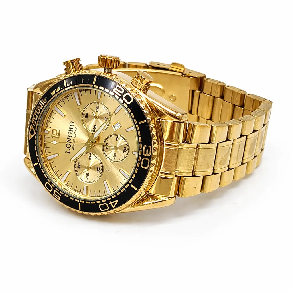 Longbo 83096G Gents Gold Chronograph Watch – Quartz, 44mm, Luminous Dial, Date