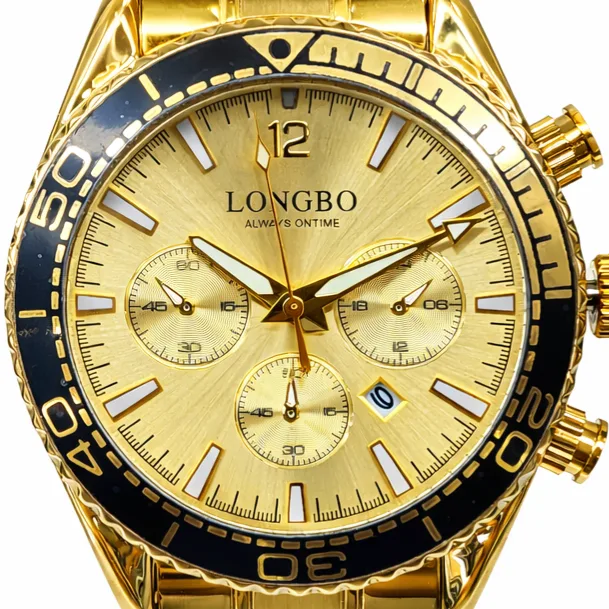 Longbo 83096G Gents Gold Chronograph Watch – Quartz, 44mm, Luminous Dial, Date