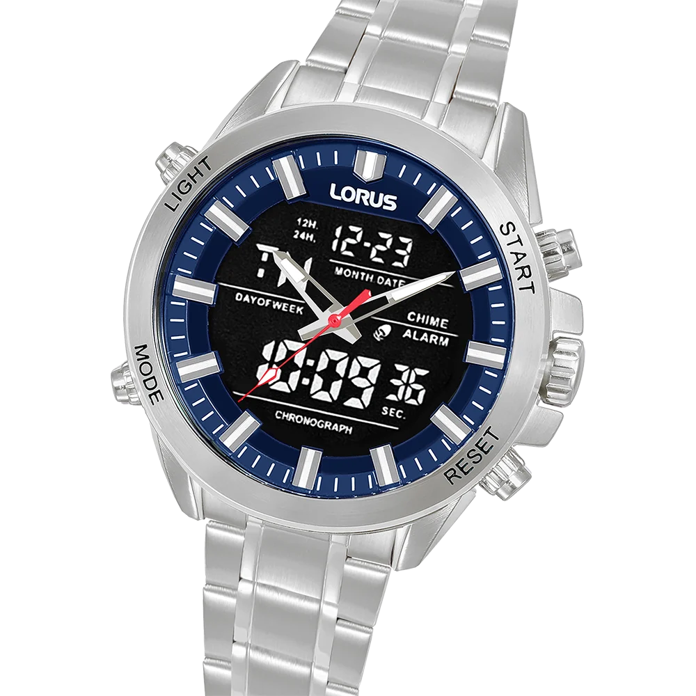 Lorus Gents Analog-Digital Watch, Alarm, 100M WR Stainless Steel Case & Band - RW665AX-9