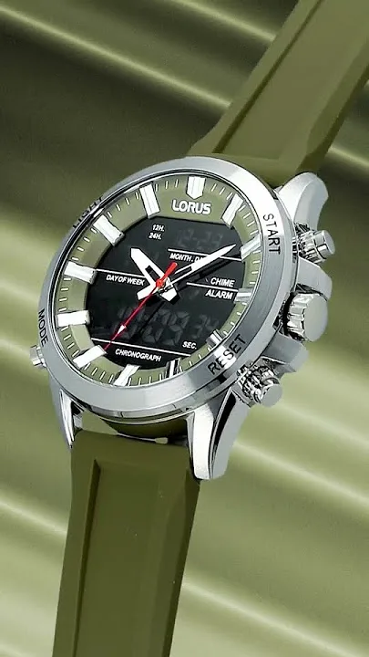 Lorus Gents Analog-Digital Watch, Alarm, 100M WR Stainless Steel Case & Rubber Band - RW669AX-9
