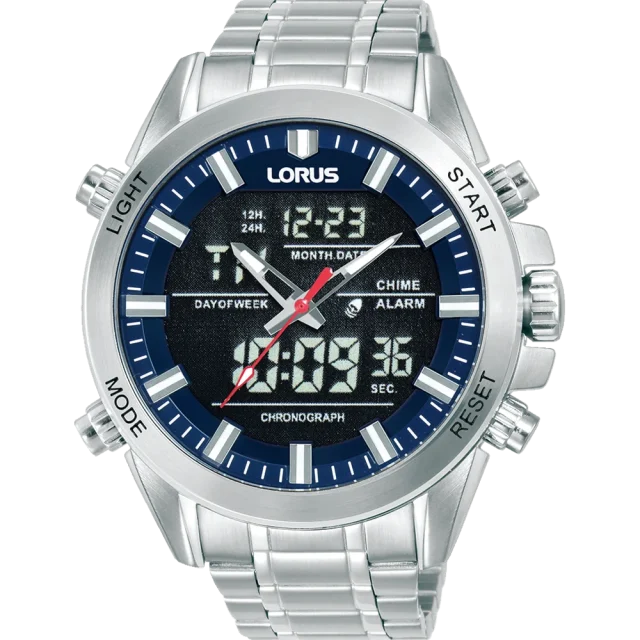 Lorus Gents Analog-Digital Watch, Alarm, 100M WR Stainless Steel Case & Band - RW665AX-9