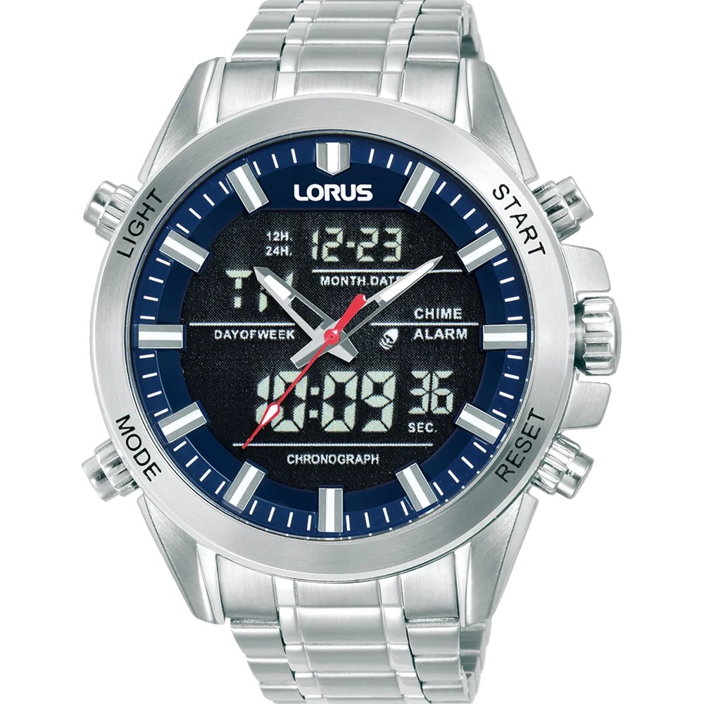 Lorus Gents Analog-Digital Watch, Alarm, 100M WR Stainless Steel Case & Band - RW665AX-9