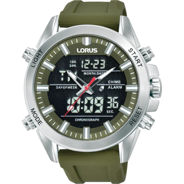 Lorus Gents Analog-Digital Watch, Alarm, 100M WR Stainless Steel Case & Rubber Band - RW669AX-9