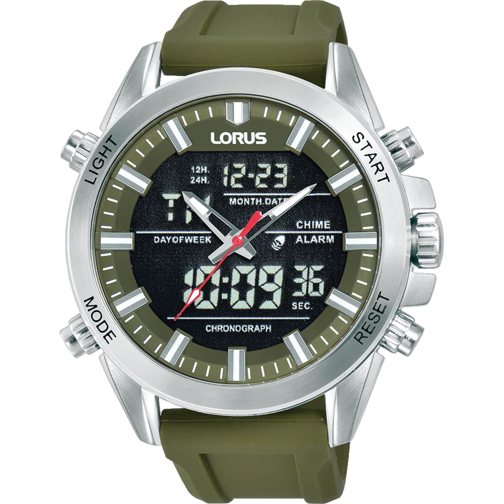 Lorus Gents Analog-Digital Watch, Alarm, 100M WR Stainless Steel Case & Rubber Band - RW669AX-9