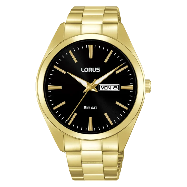 Lorus Gents Quartz Black Dial Gold Case & Band, 50m WR - RJ666AX-9