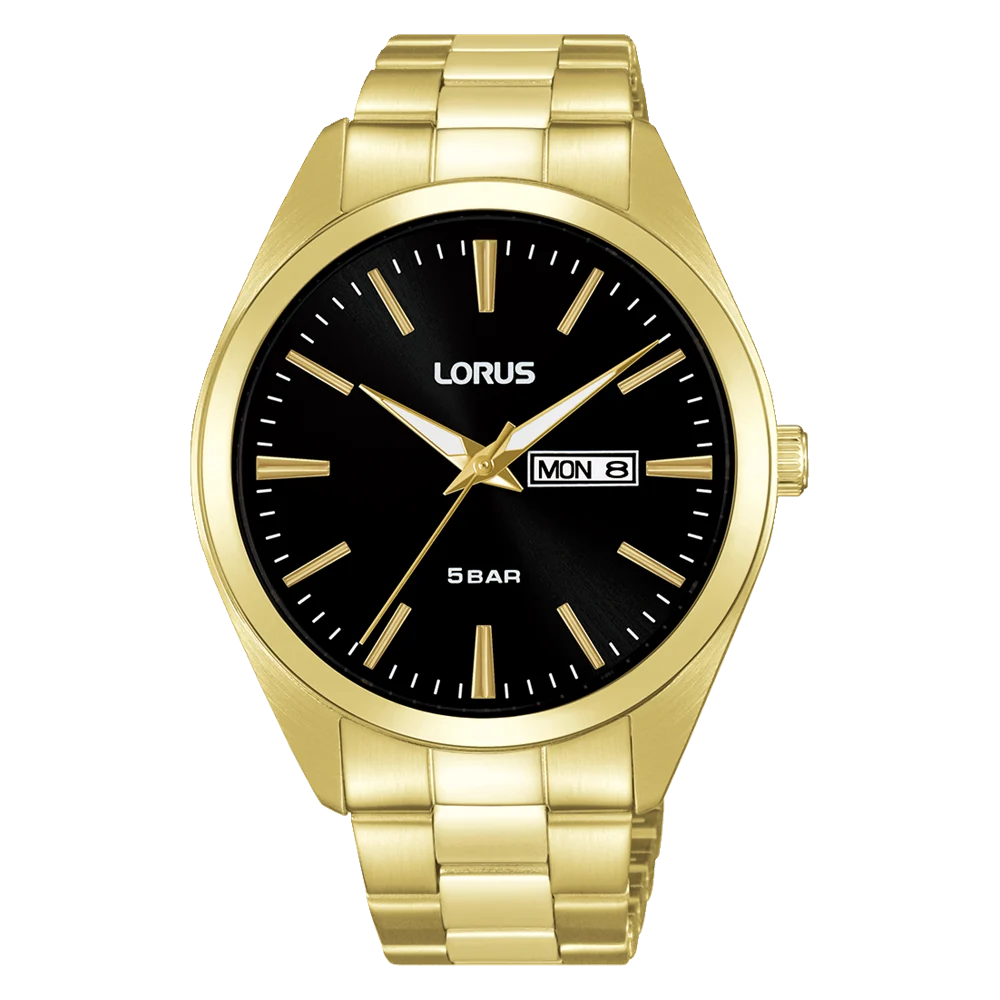 Lorus Gents Quartz Black Dial Gold Case & Band, 50m WR - RJ666AX-9
