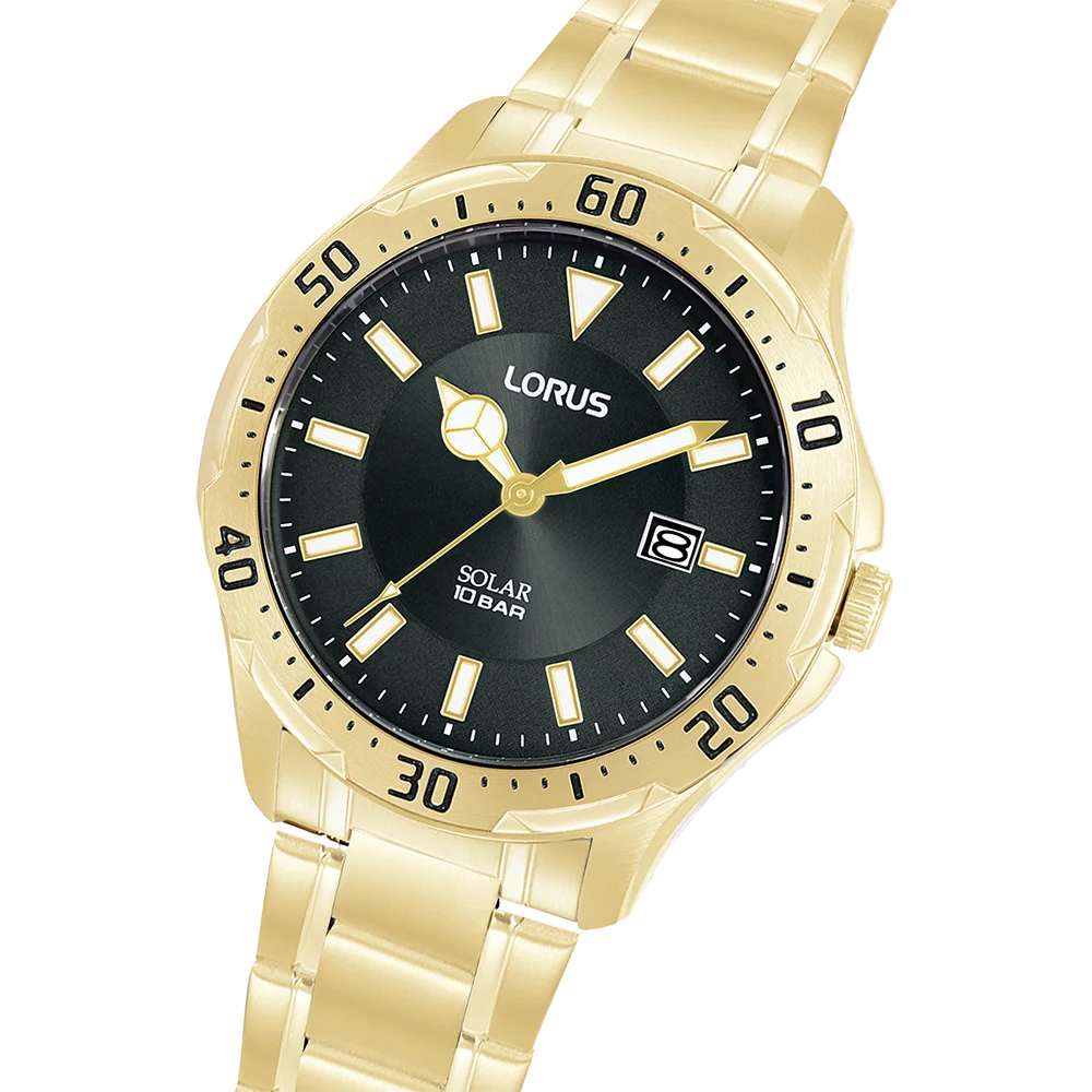 Lorus Gents Solar Powered Stainless Steel Gold Tone 100M WR Watch - RX398AX-9