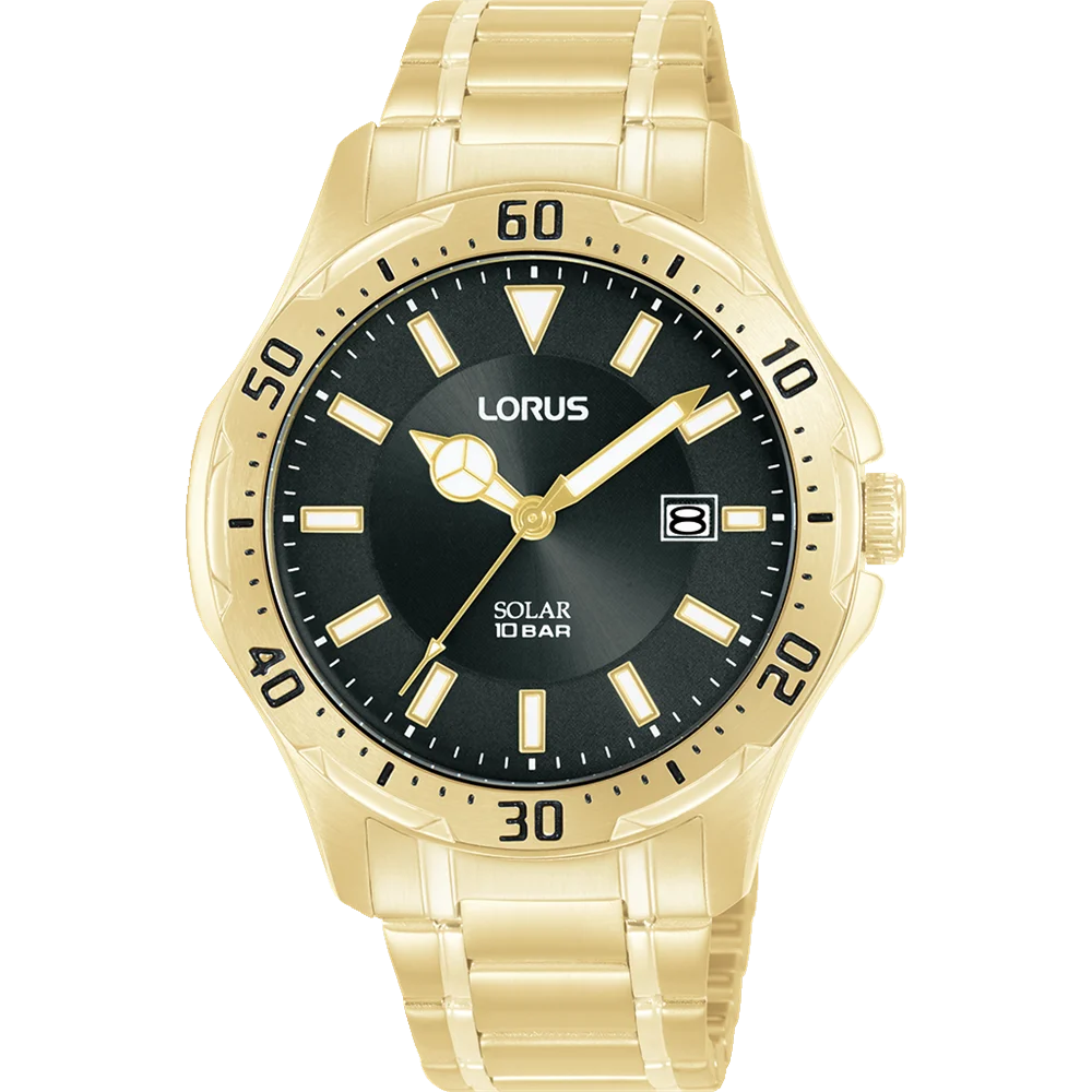 Lorus Gents Solar Powered Stainless Steel Gold Tone 100M WR Watch - RX398AX-9