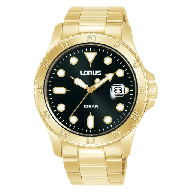 Lorus Gents Sports Quartz Black Dial Gold Case & Band, 100m WR - RS972DX-9