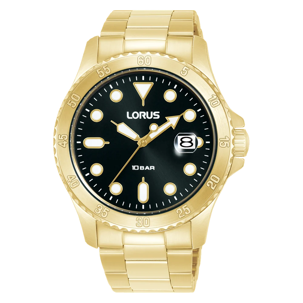 Lorus Gents Sports Quartz Black Dial Gold Case & Band, 100m WR - RS972DX-9