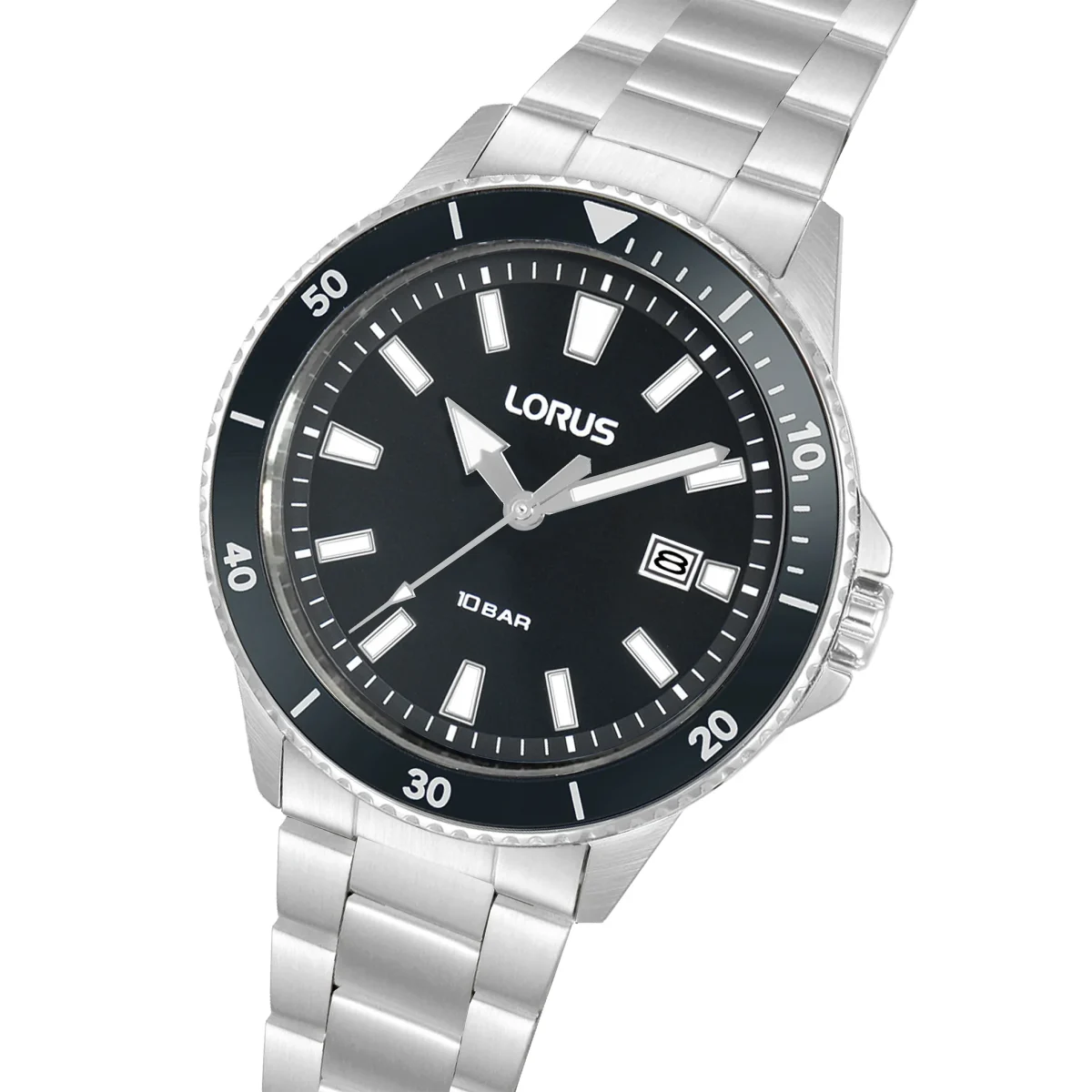 Lorus Gents Stainless Steel Watch – Black Dial, Date Display, 100m Water Resistant (RH999RX9)